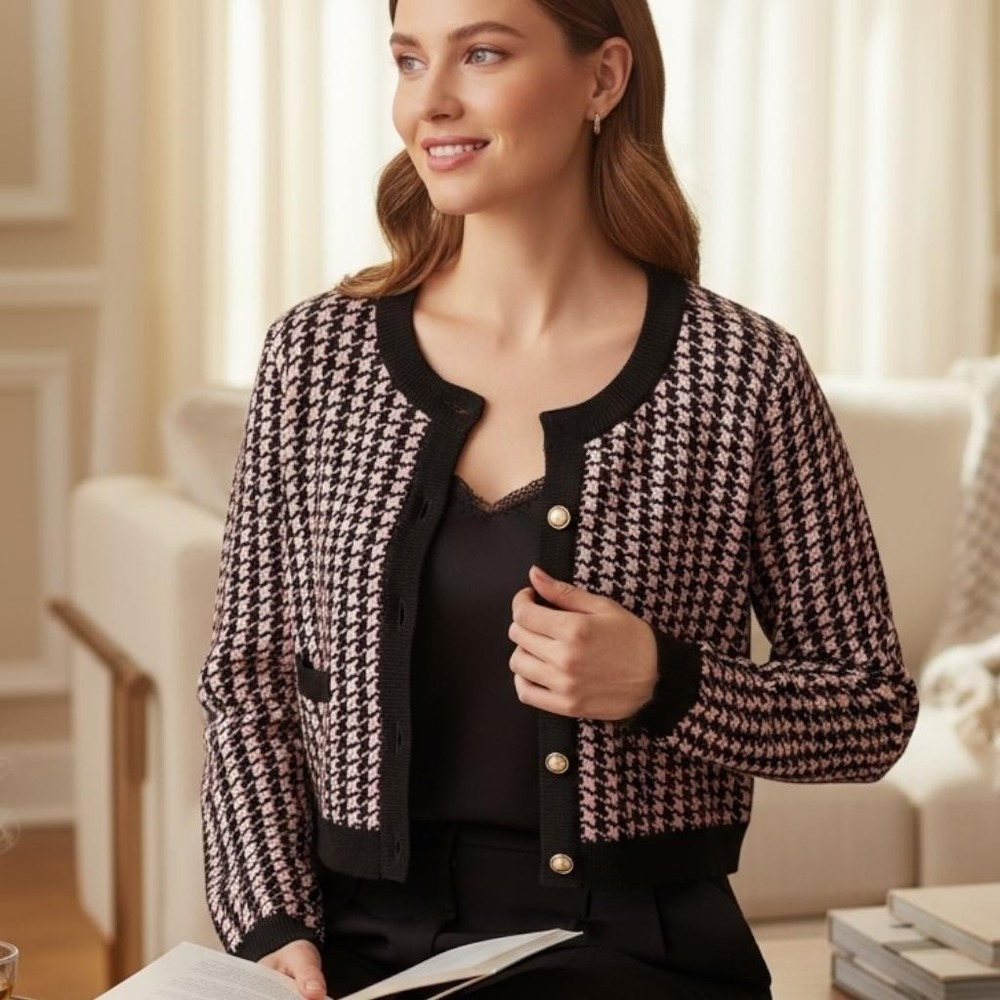 Majorelle Womens‎ Cardigan Sweater Small Pink Houndstooth Cropped